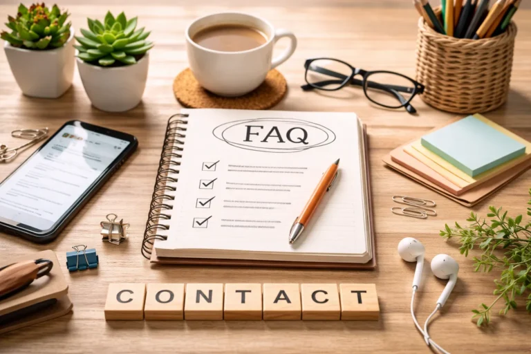 Bureau met FAQ-notitieblok en contact-blokjes.