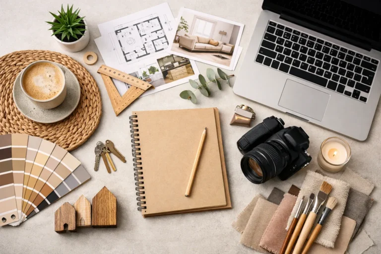 Bovenaanzicht van een bureau met een laptop, camera, notitieboek, bouwtekeningen และ kleurstalen.