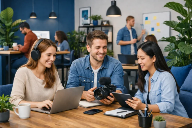 Moderne werkruimte met planten en blauwe accenten