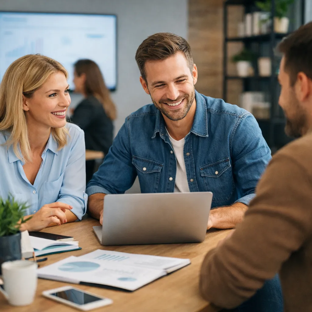 Drie collega’s bespreken content bij een laptop in een kantooromgeving