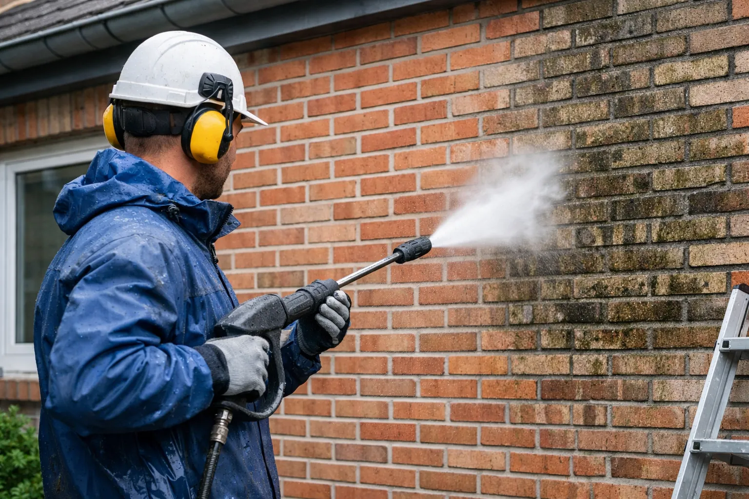Man reinigt bakstenen gevel met hogedrukreiniger buiten bij woning.