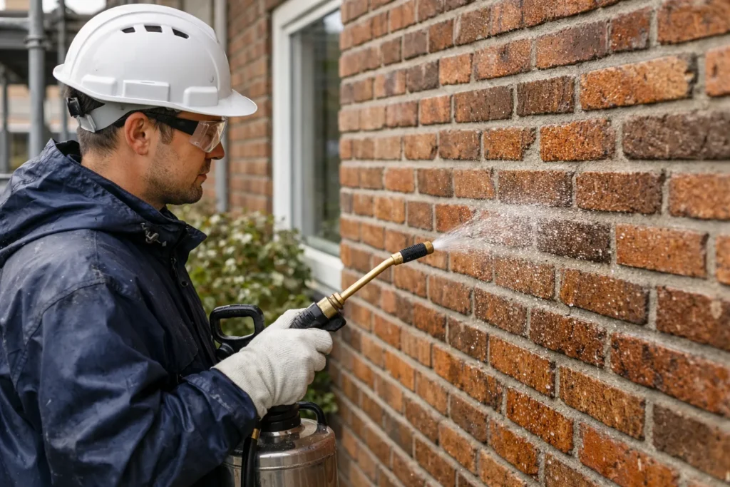 Vakman spuit impregneermiddel op bakstenen gevel met drukspuit.