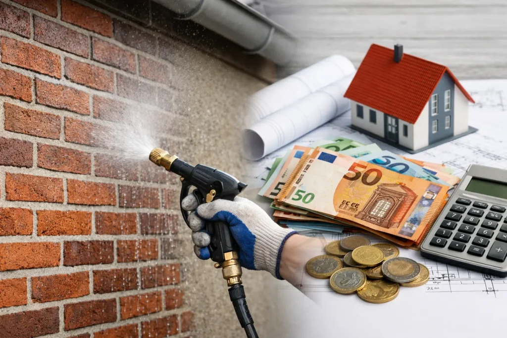 Man die een bakstenen gevel impregneert met kosten en euro’s op de achtergrond