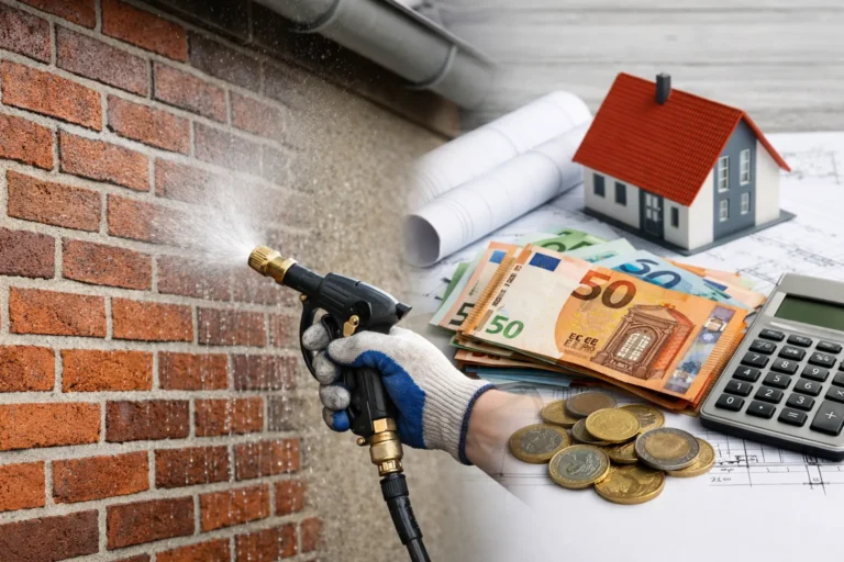 Man die een bakstenen gevel impregneert met kosten en euro’s op de achtergrond