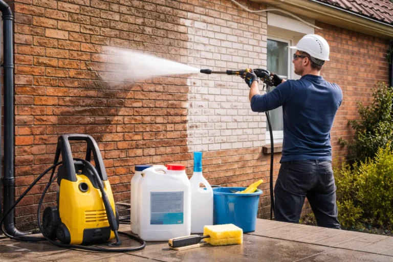 Man reinigt bakstenen gevel met hogedrukreiniger en schoonmaakmiddelen ernaast.