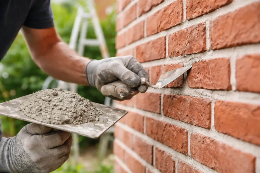 Metselaar brengt nieuw voegmortel aan op bakstenen gevel.