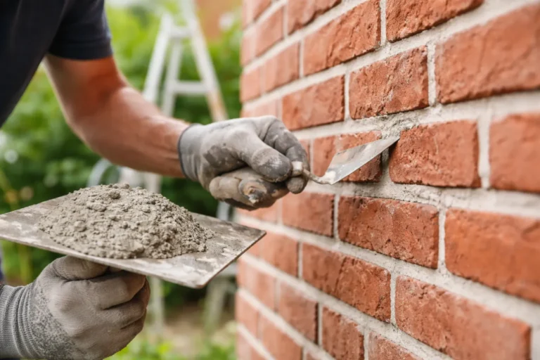Metselaar brengt nieuw voegmortel aan op bakstenen gevel.