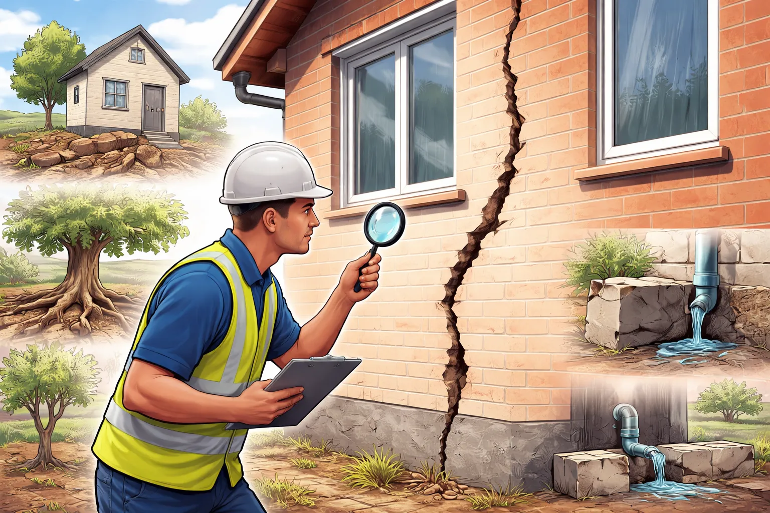 Inspecteur bekijkt grote scheur in bakstenen gevel van woning