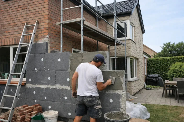 Man plaatst isolatie en werkt gevel af met steenstrips bij woningrenovatie.