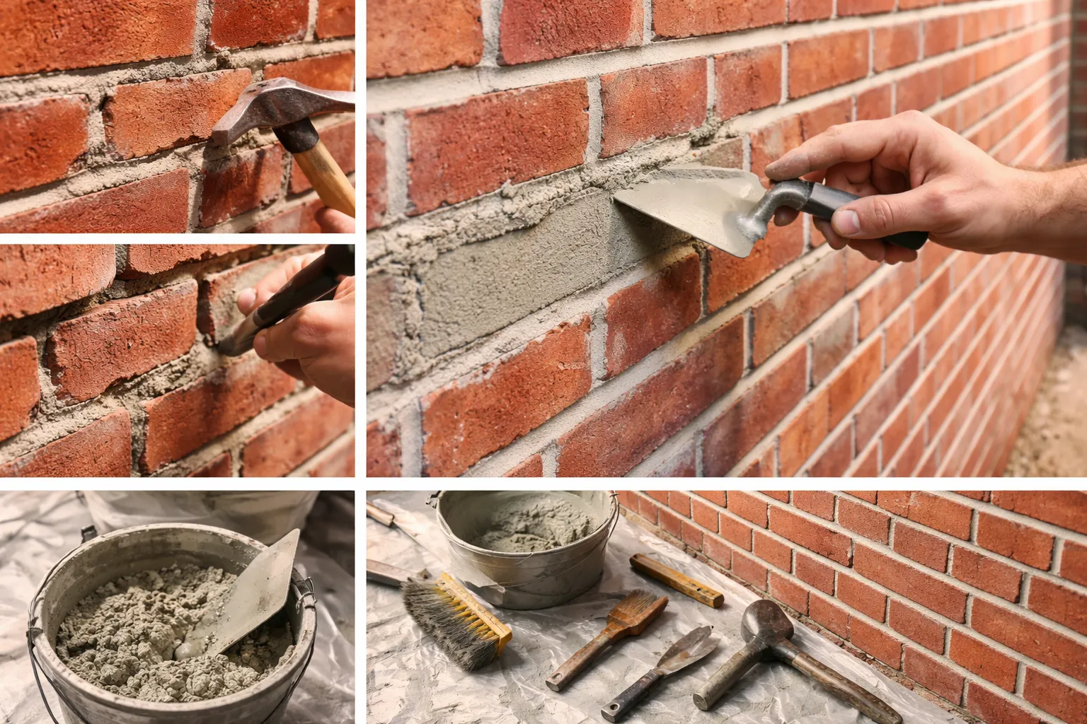 Metselaar vernieuwt voegwerk van een bakstenen gevel.