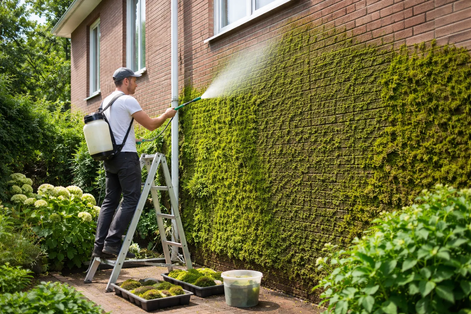 Man brengt mos aan op bakstenen gevel van woning