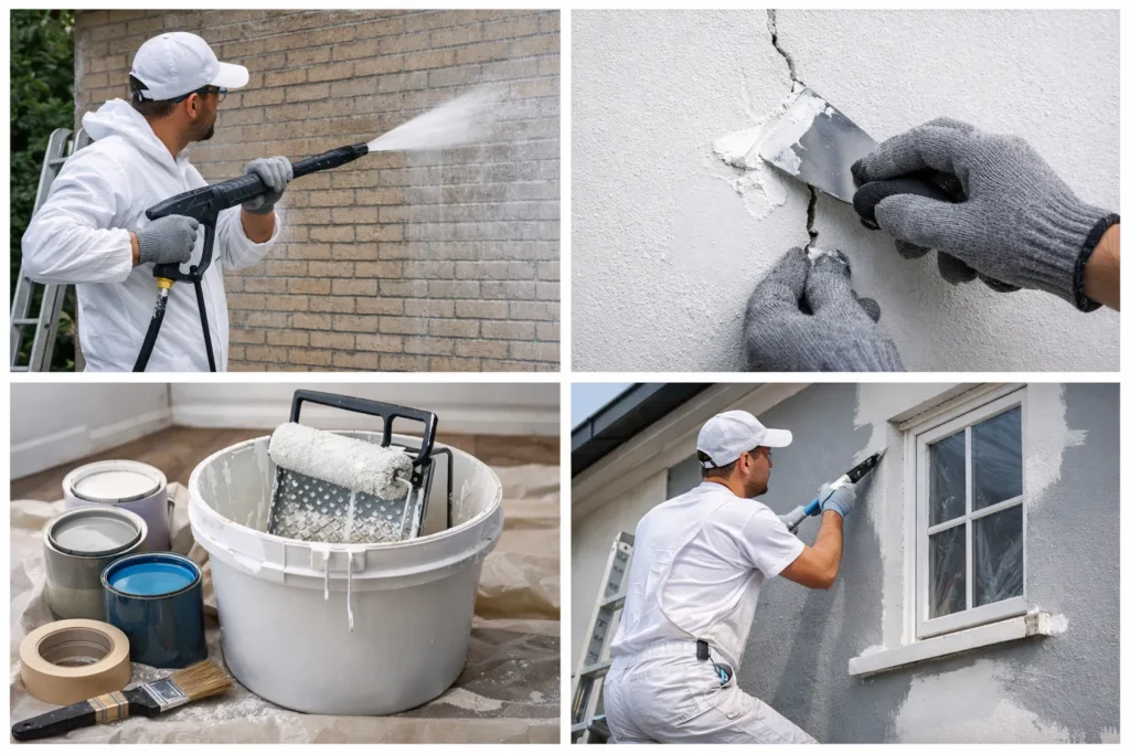 Schilder die een bakstenen gevel rolt met buitenverf