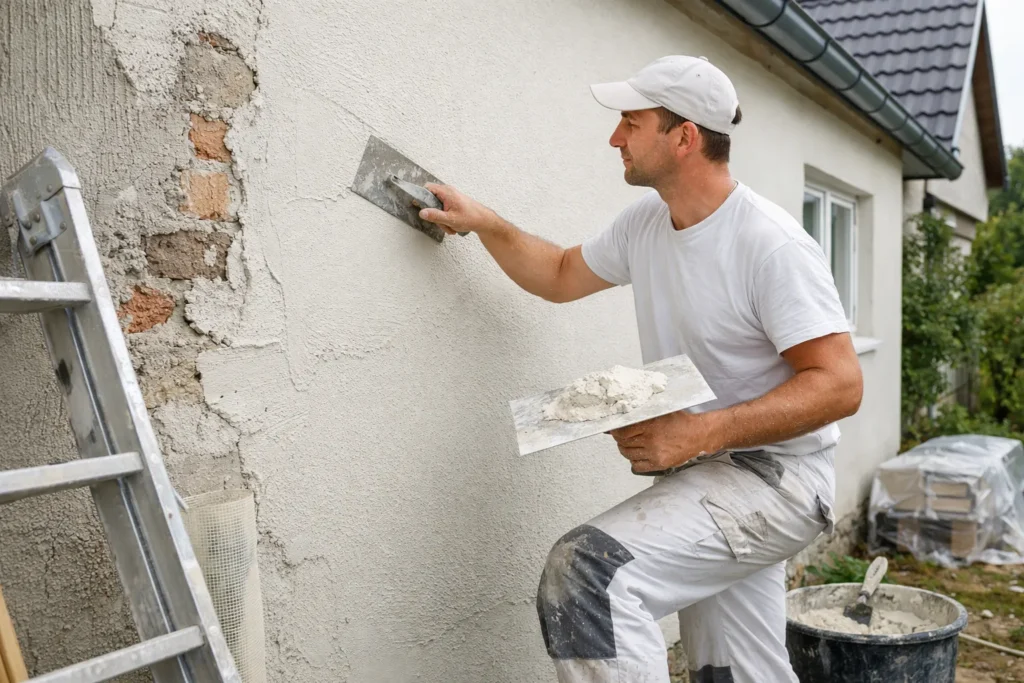 Vakman brengt stucwerk aan op een buitengevel van een woning.