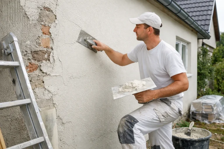 Vakman brengt stucwerk aan op een buitengevel van een woning.