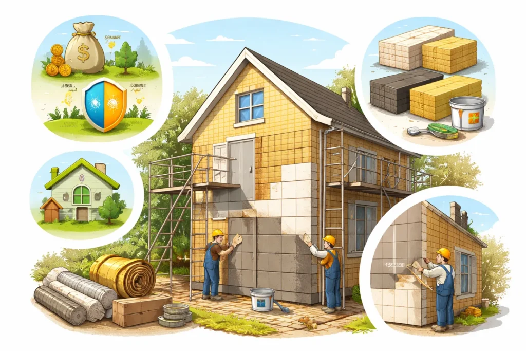 Woning met buitengevelisolatie tijdens installatie met isolatieplaten en afwerking.