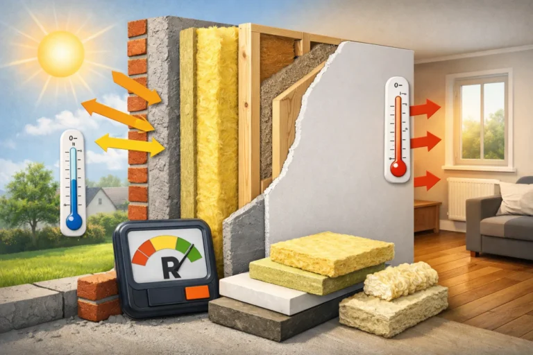 Doorsnede van een gevel met isolatielagen die warmte binnen en kou buiten houdt