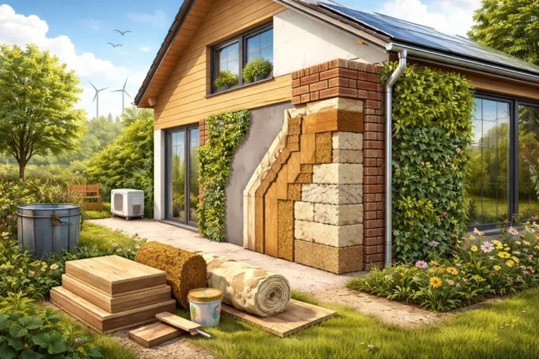 Moderne woning met houten, bakstenen en groene gevel en isolatiematerialen ervoor.