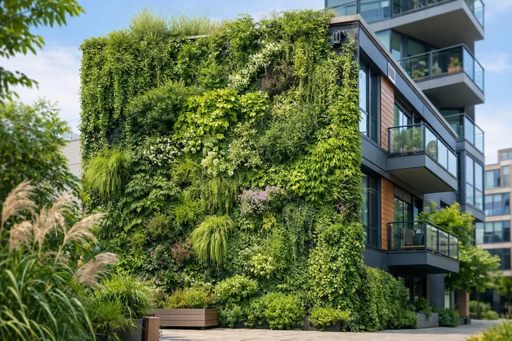 Moderne gebouwgevel volledig bedekt met weelderige verticale beplanting.