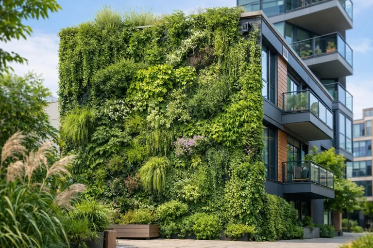 Moderne gebouwgevel volledig bedekt met weelderige verticale beplanting.