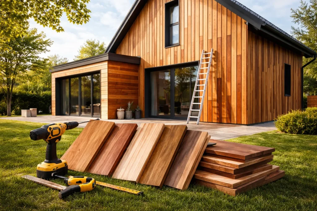 Moderne woning met verticale houten gevelbekleding en gereedschap op het gras ervoor.