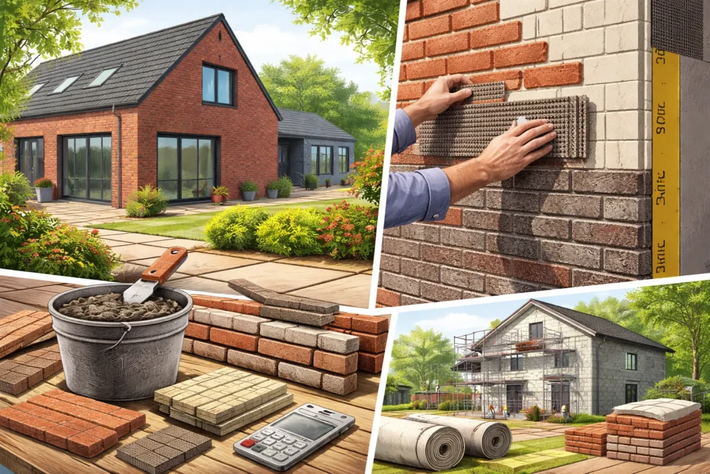 Installatie van steenstrips op een buitengevel met woning en materialen zichtbaar