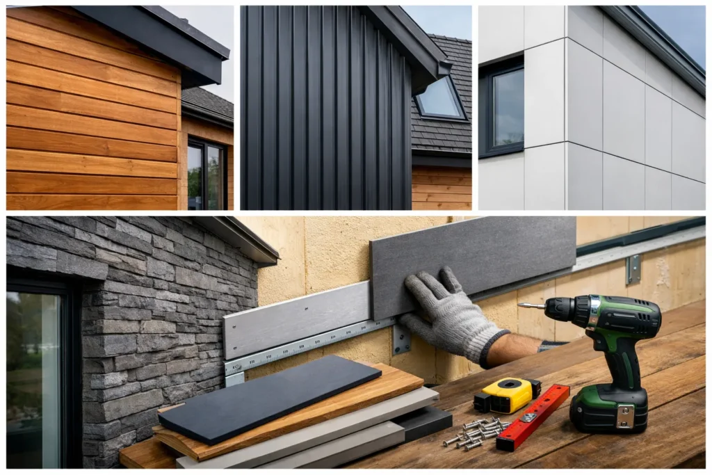 Verschillende gevelbekledingen en installatie met gereedschap