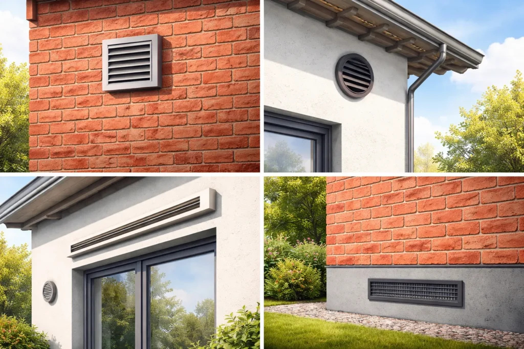 Moderne ventilatieroosters in bakstenen en gestucte gevel van een woning.