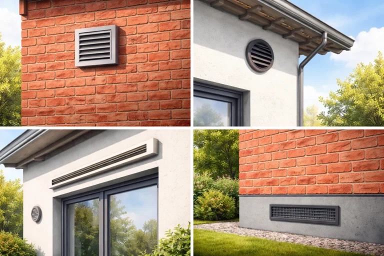 Moderne ventilatieroosters in bakstenen en gestucte gevel van een woning.