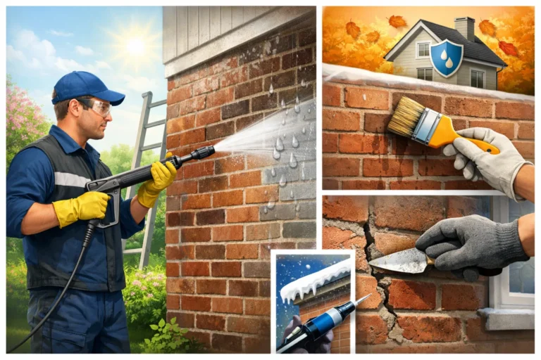 Reiniging, bescherming en reparatie van een bakstenen gevel in verschillende seizoenen.