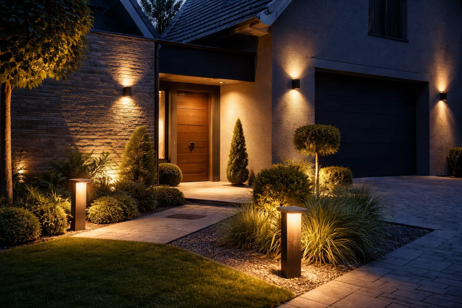 Moderne woning met warme gevel- en tuinverlichting in de avond