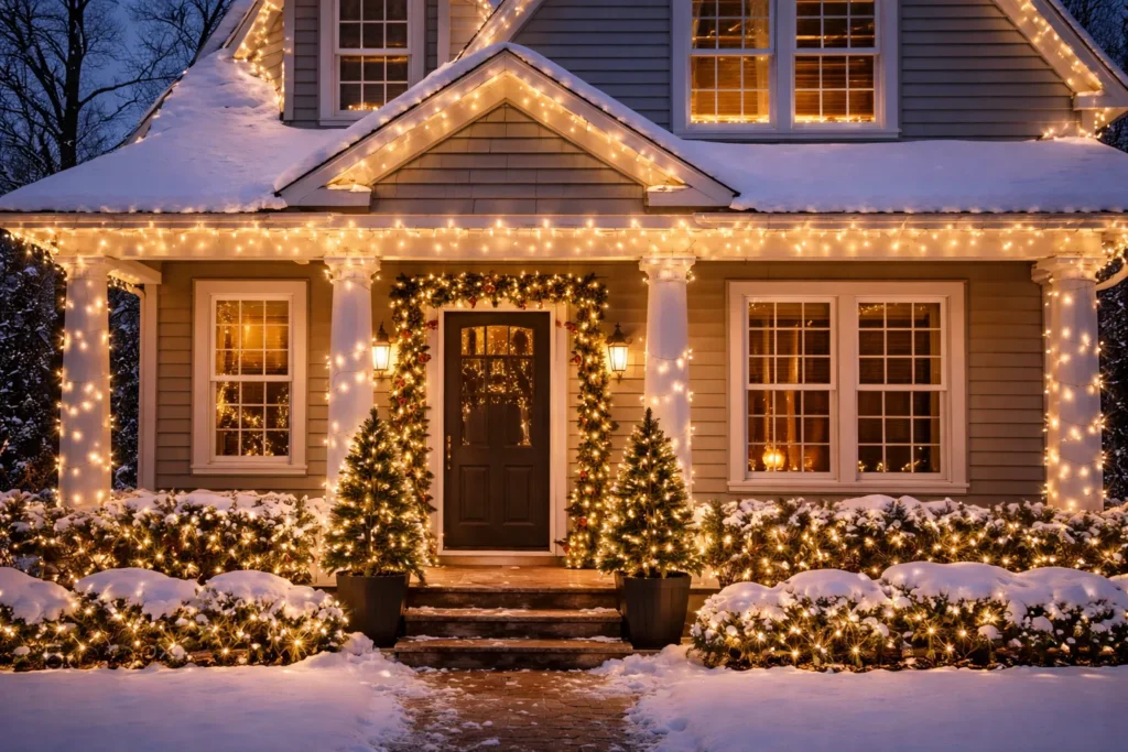 Woonhuis met warme kerstverlichting langs de gevel en rond de voordeur in een winterse avondsetting.
