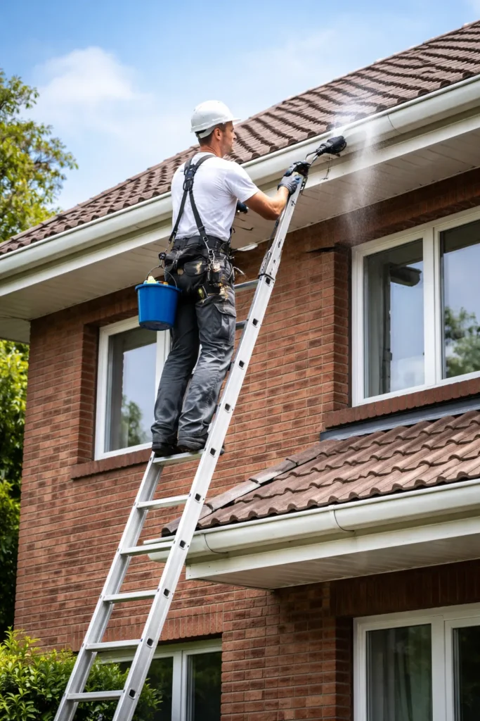 Vakman op ladder reinigt gevel en dakgoot van woning