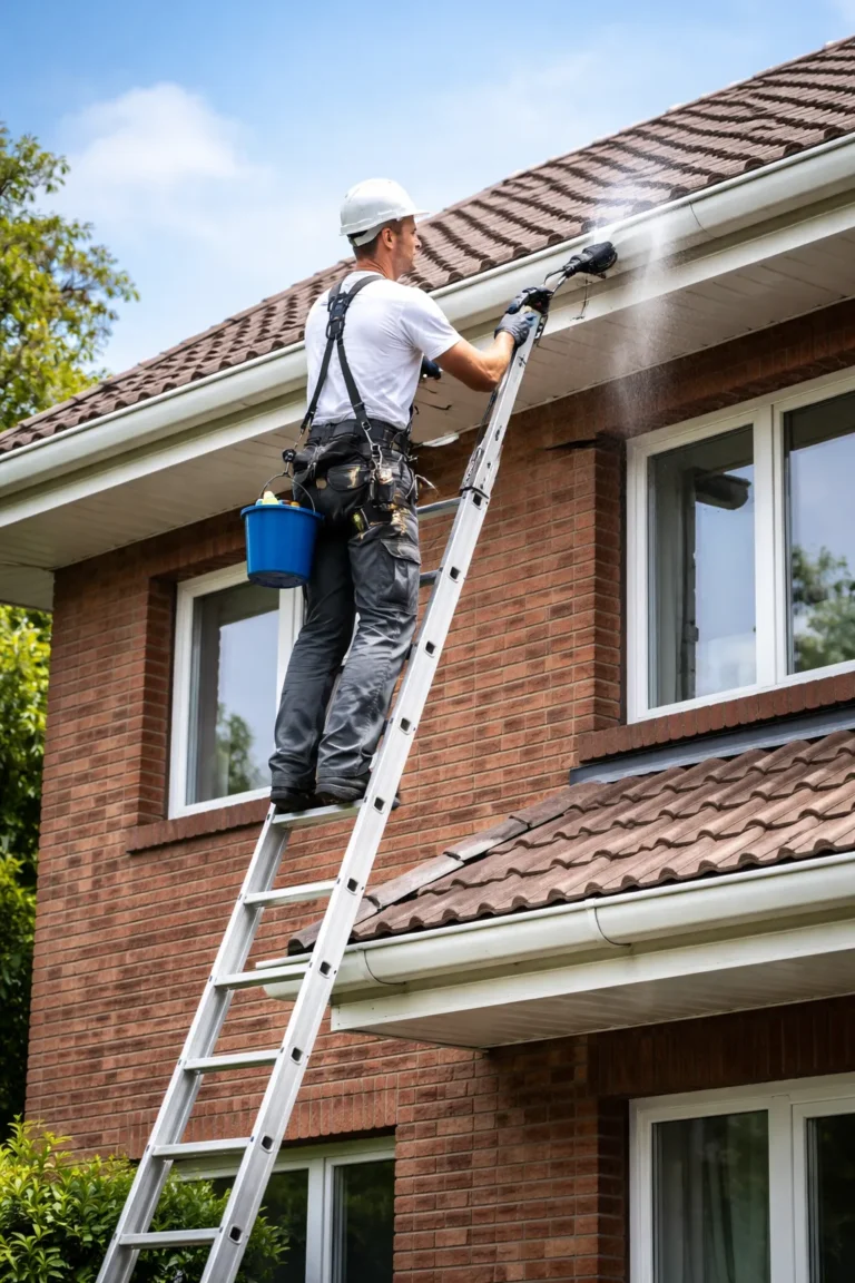 Vakman op ladder reinigt gevel en dakgoot van woning