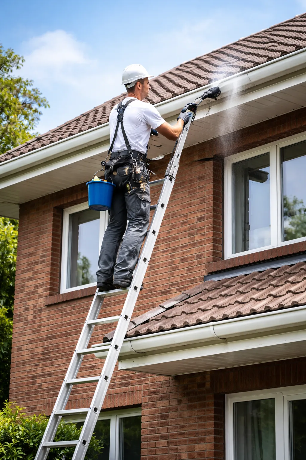 Vakman op ladder reinigt gevel en dakgoot van woning