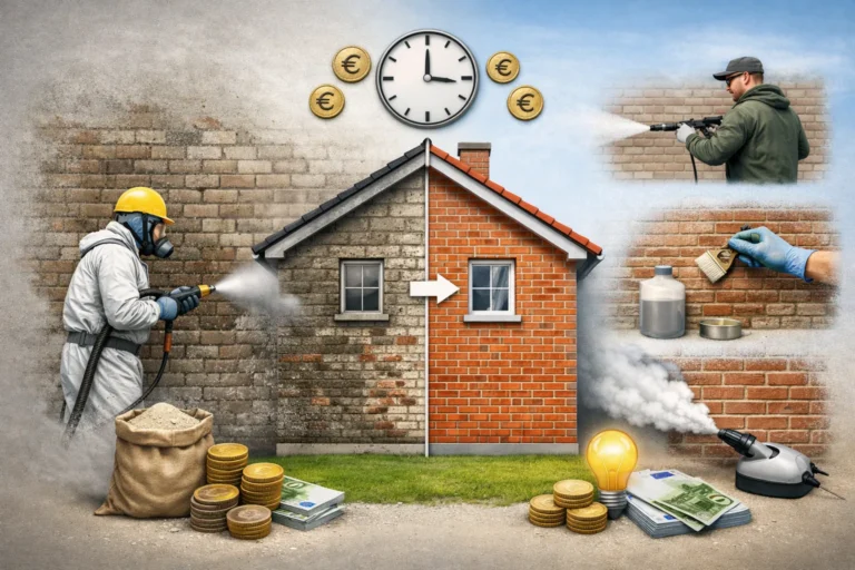 Illustratie van gevelreiniging met zandstralen en andere methoden bij een bakstenen woning.