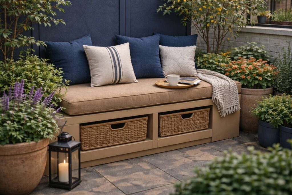 Gezellige zithoek in de tuin met zachte kussens