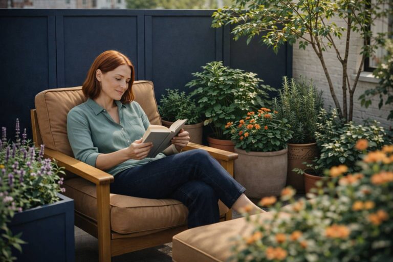 Iemand ontspant met een boek in een kleine tuinhoek