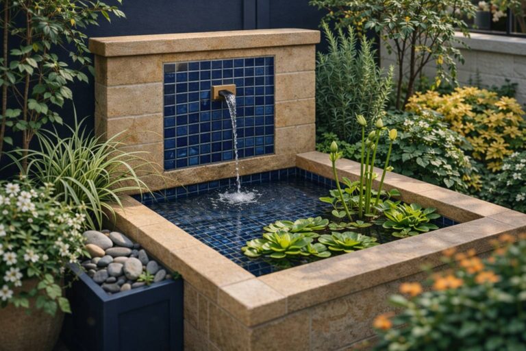 Rustgevende tuinwaterpartij met mozaïek